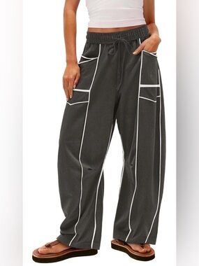 Women's Wide-Leg Drawstring Pants with Contrast Piping - Charcoal